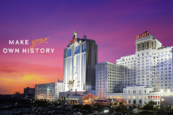 Landscape view of Resorts casino at sunset.