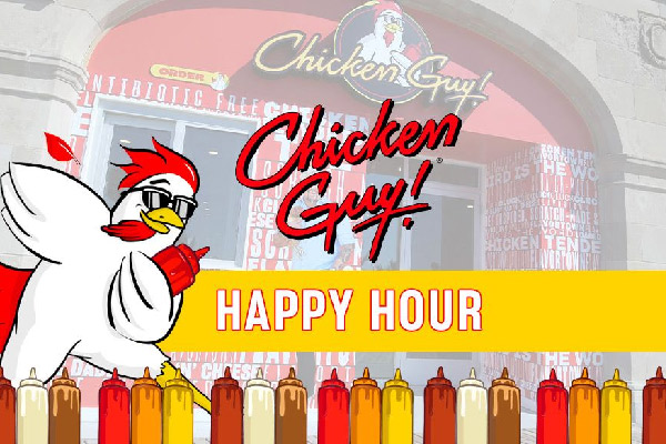 a cartoon chicken with sunglasses, surrounded by sauce bottles, stands beside the chicken guy logo