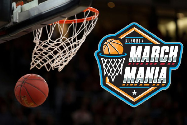 a basketball going through a net with the march mania logo next to it